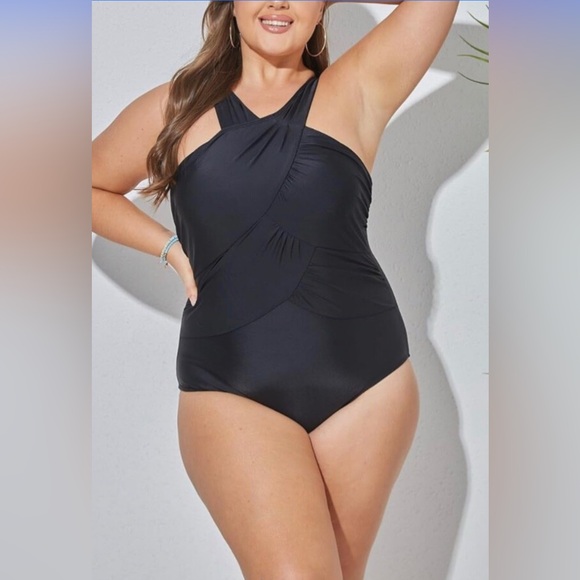 NWT Hanna Nikole Black One Piece Halter Top Crossover Swimsuit Size 14W Plus! - Picture 1 of 15